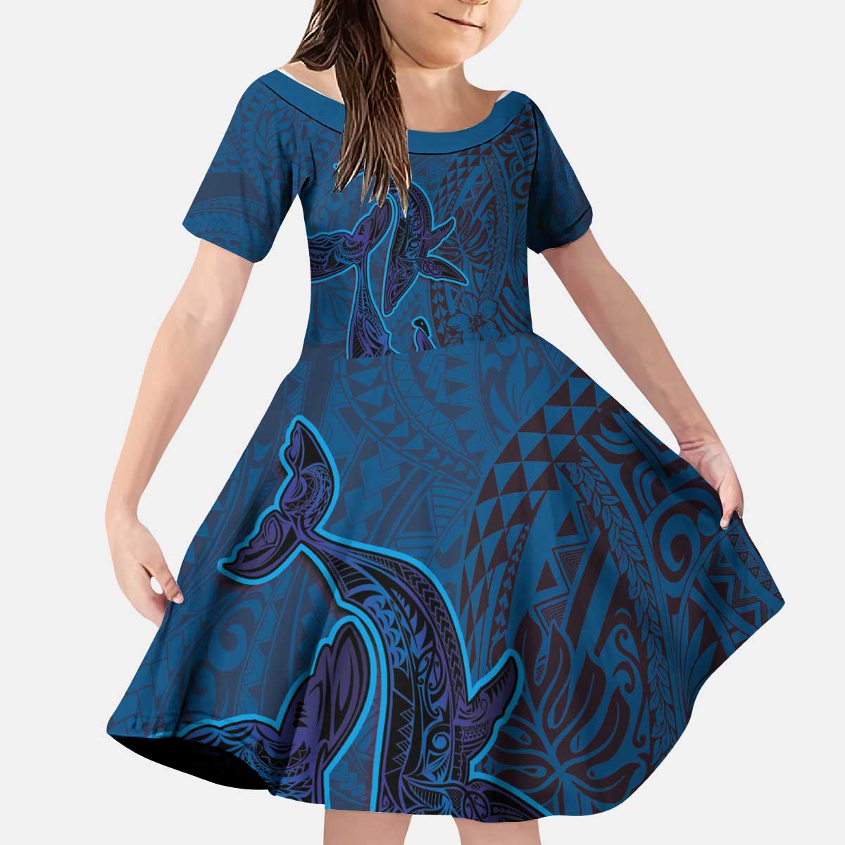 Hawaiian Whales Polynesian Art Motifs Kid Short Sleeve Dress Blue Color - Polynesian Pride