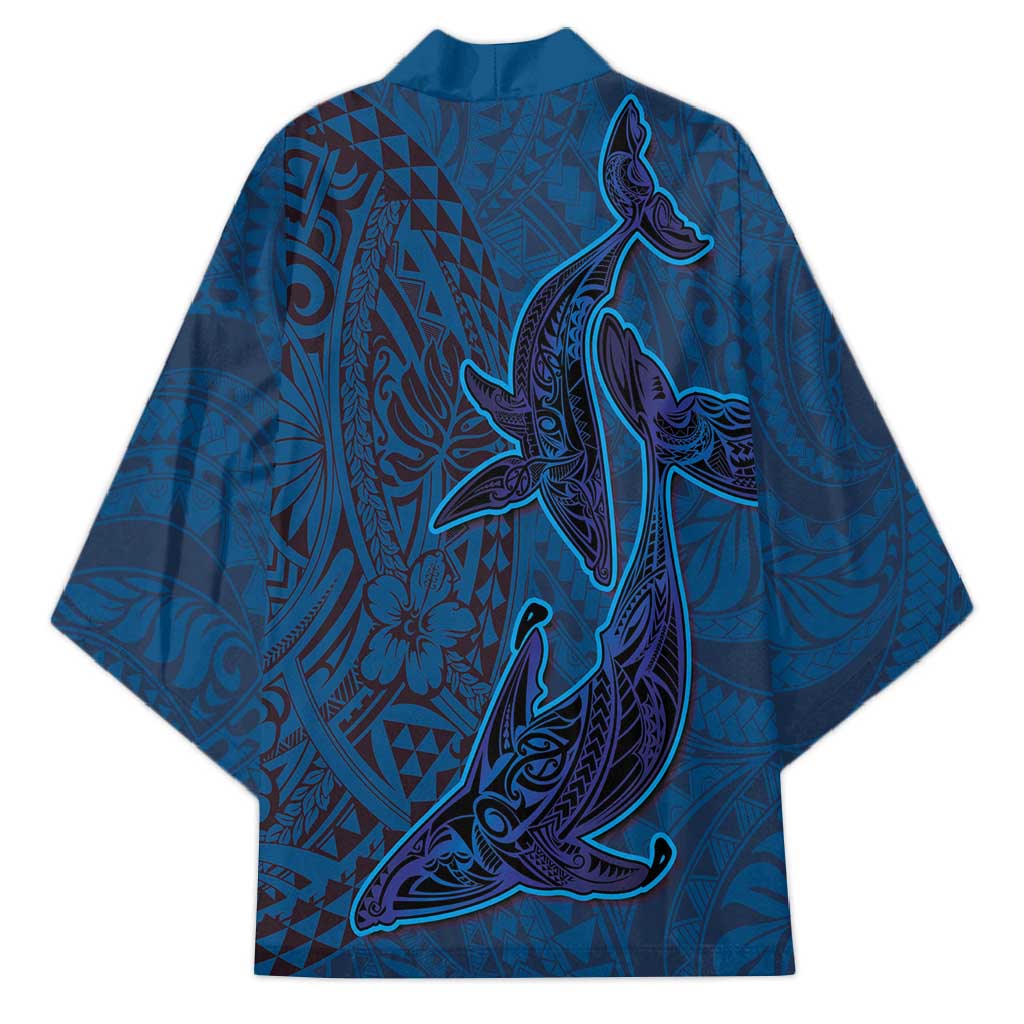 Hawaiian Whales Polynesian Art Motifs Kimono Blue Color - Polynesian Pride