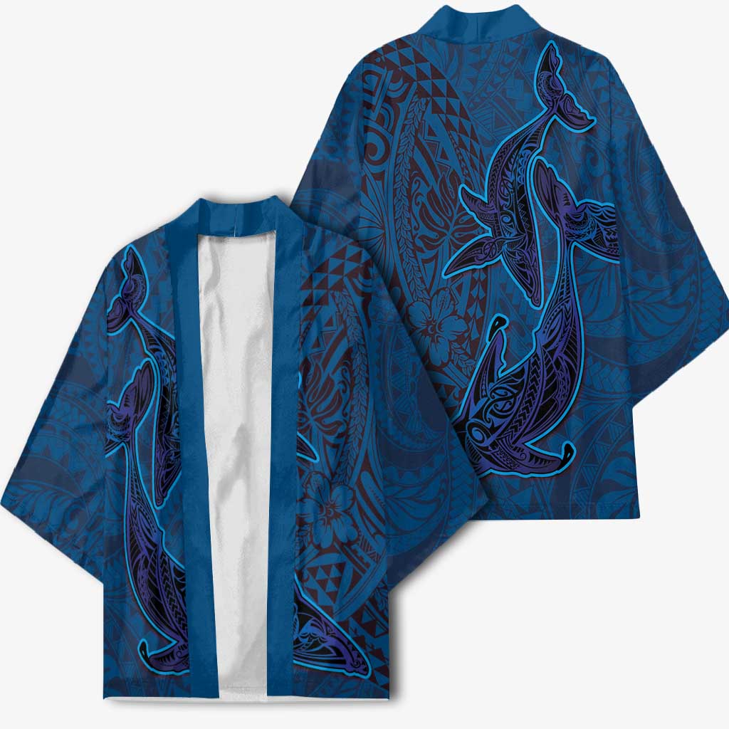Hawaiian Whales Polynesian Art Motifs Kimono Blue Color - Polynesian Pride