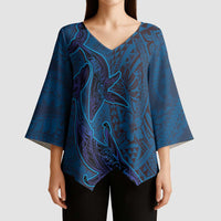 Hawaiian Whales Polynesian Art Motifs Kimono Sleeve Blouse Blue Color - Polynesian Pride