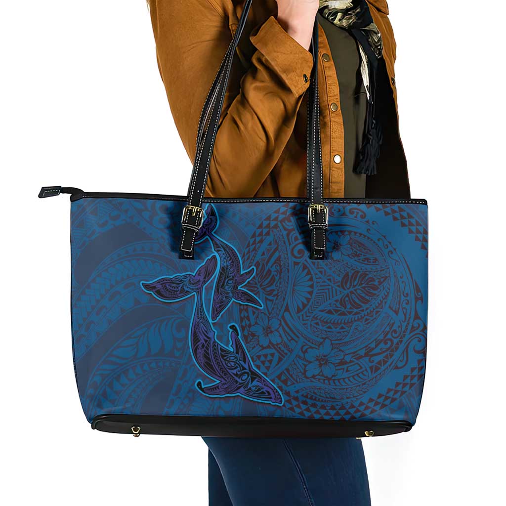 Hawaiian Whales Polynesian Art Motifs Leather Tote Bag Blue Color - Polynesian Pride