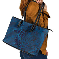 Hawaiian Whales Polynesian Art Motifs Leather Tote Bag Blue Color - Polynesian Pride