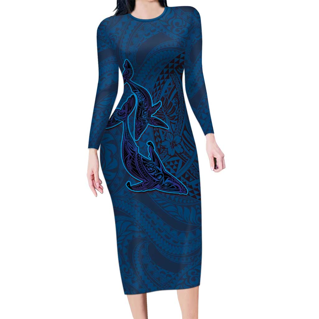 Hawaiian Whales Polynesian Art Motifs Long Sleeve Bodycon Dress Blue Color - Polynesian Pride