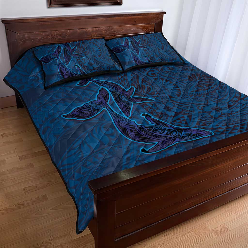 Hawaiian Whales Polynesian Art Motifs Quilt Bed Set Blue Color - Polynesian Pride