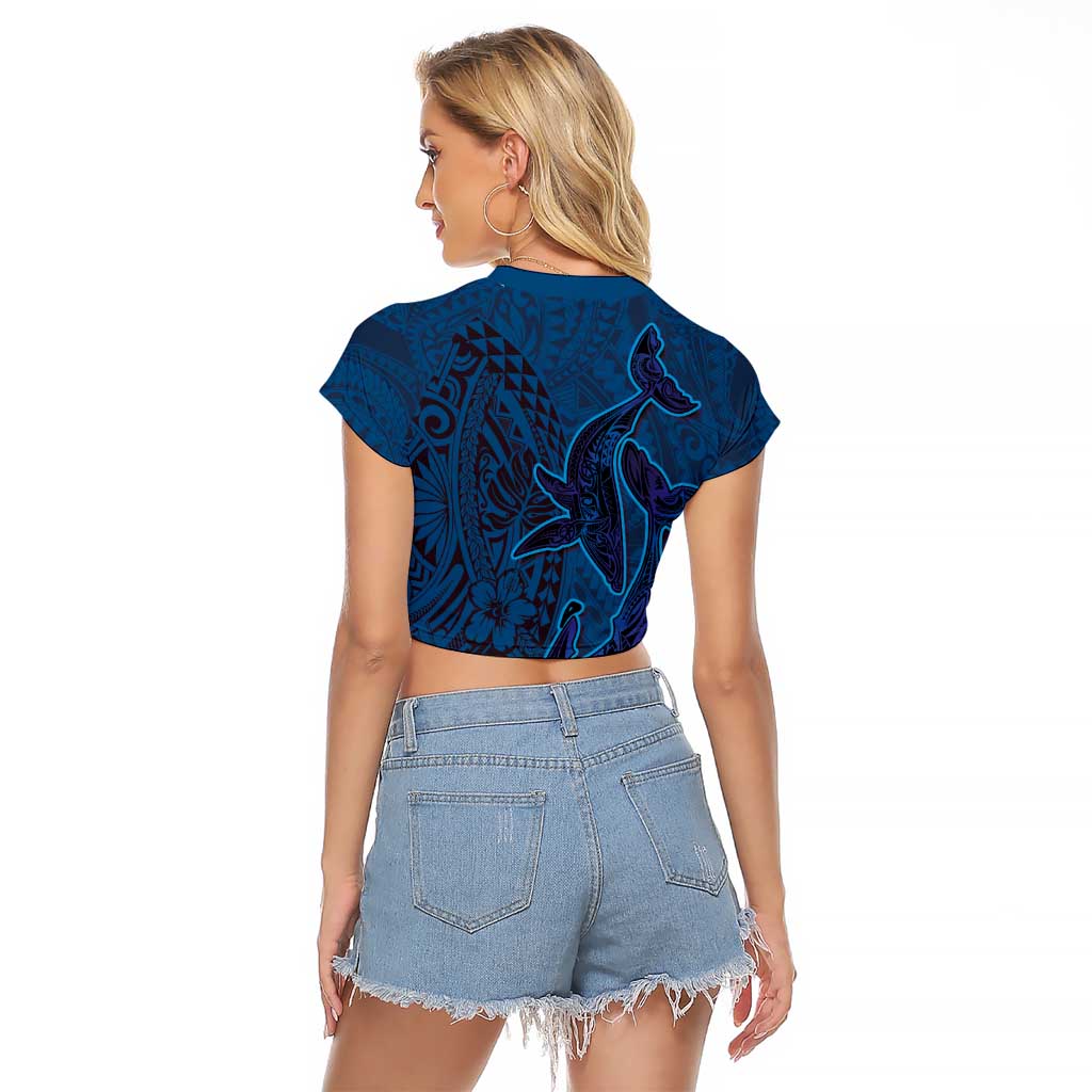 Hawaiian Whales Polynesian Art Motifs Raglan Cropped T Shirt Blue Color - Polynesian Pride