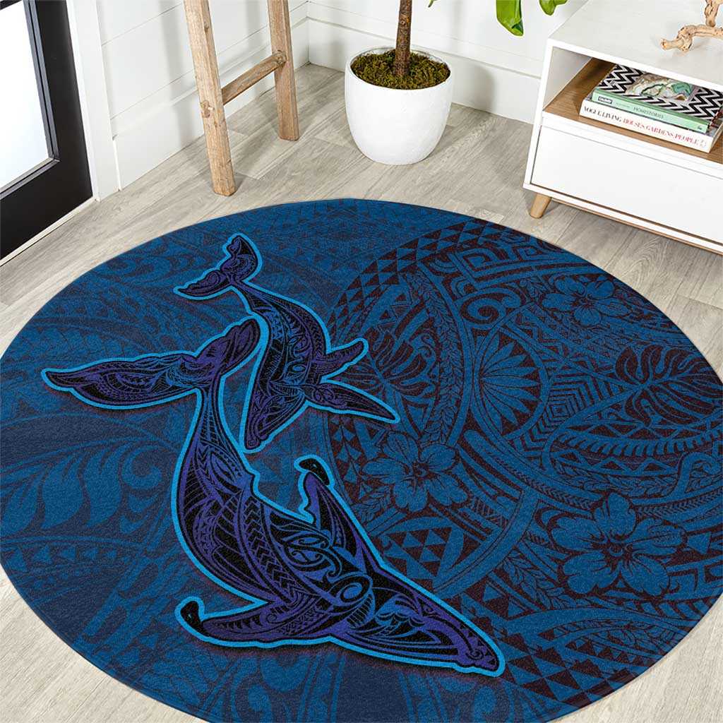 Hawaiian Whales Polynesian Art Motifs Round Carpet Blue Color LT03 Blue - Polynesian Pride