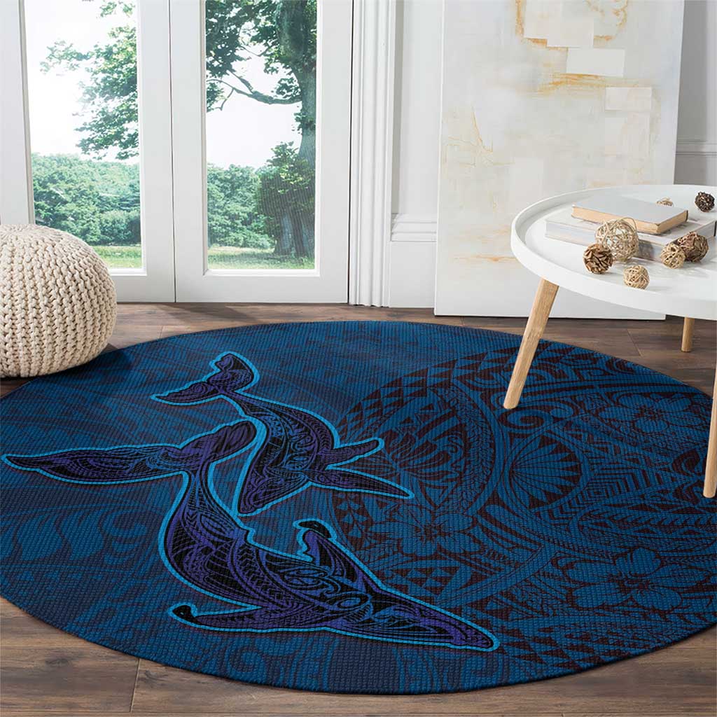 Hawaiian Whales Polynesian Art Motifs Round Carpet Blue Color - Polynesian Pride