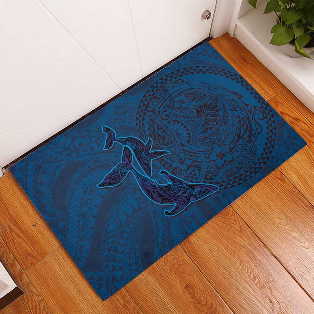 Hawaiian Whales Polynesian Art Motifs Rubber Doormat Blue Color - Polynesian Pride