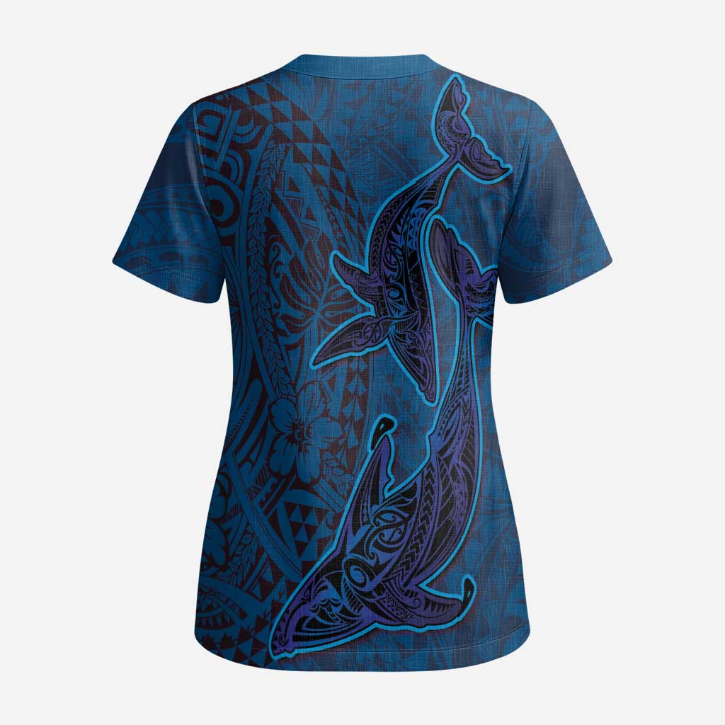 Hawaiian Whales Polynesian Art Motifs Scrub Top Blue Color - Polynesian Pride