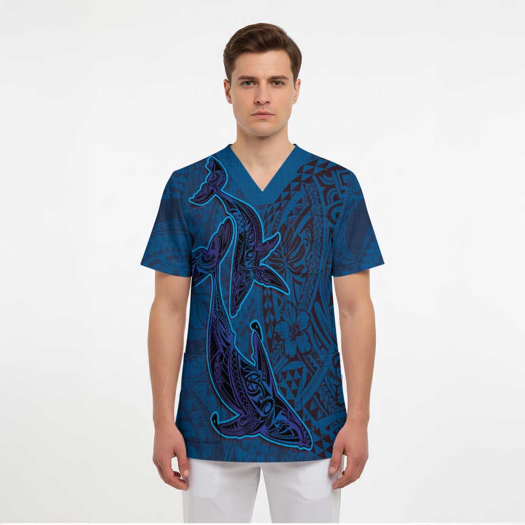 Hawaiian Whales Polynesian Art Motifs Scrub Top Blue Color - Polynesian Pride