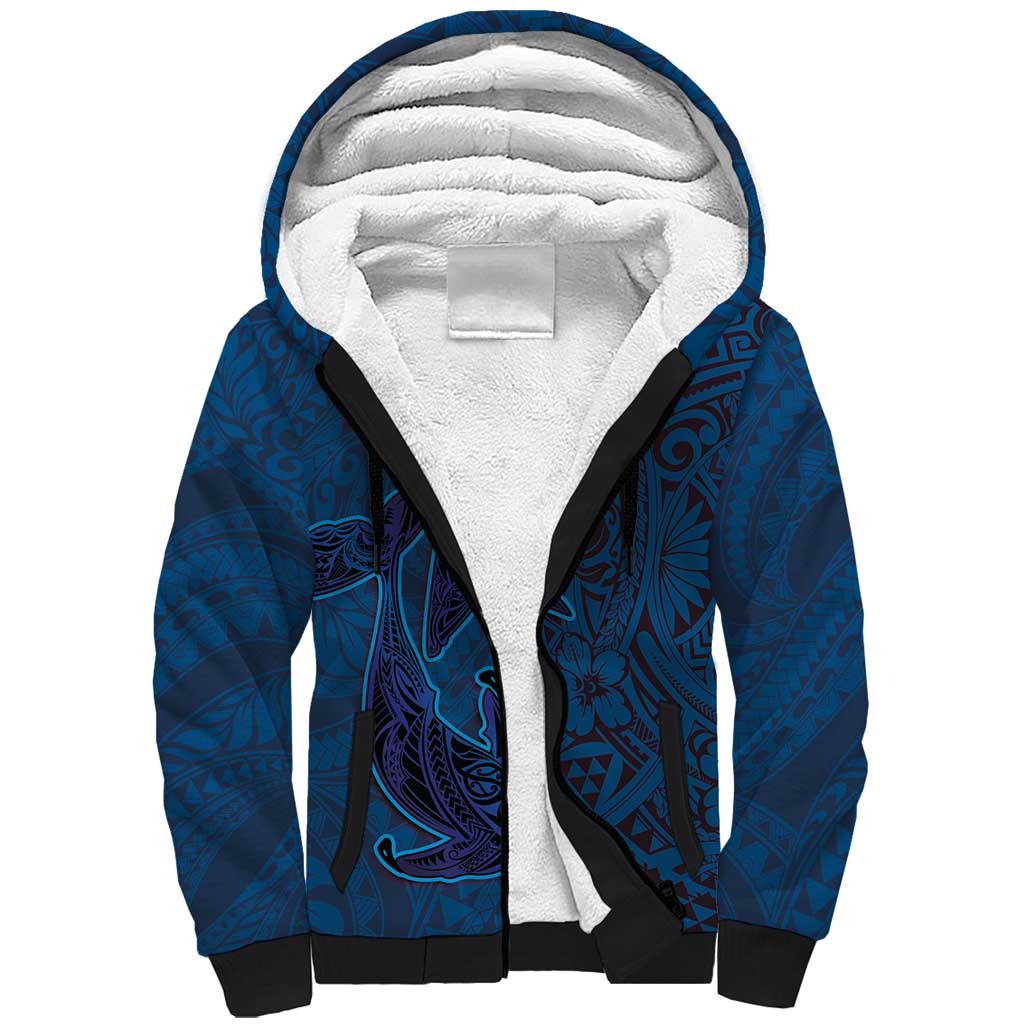 Hawaiian Whales Polynesian Art Motifs Sherpa Hoodie Blue Color LT03 Unisex Blue - Polynesian Pride