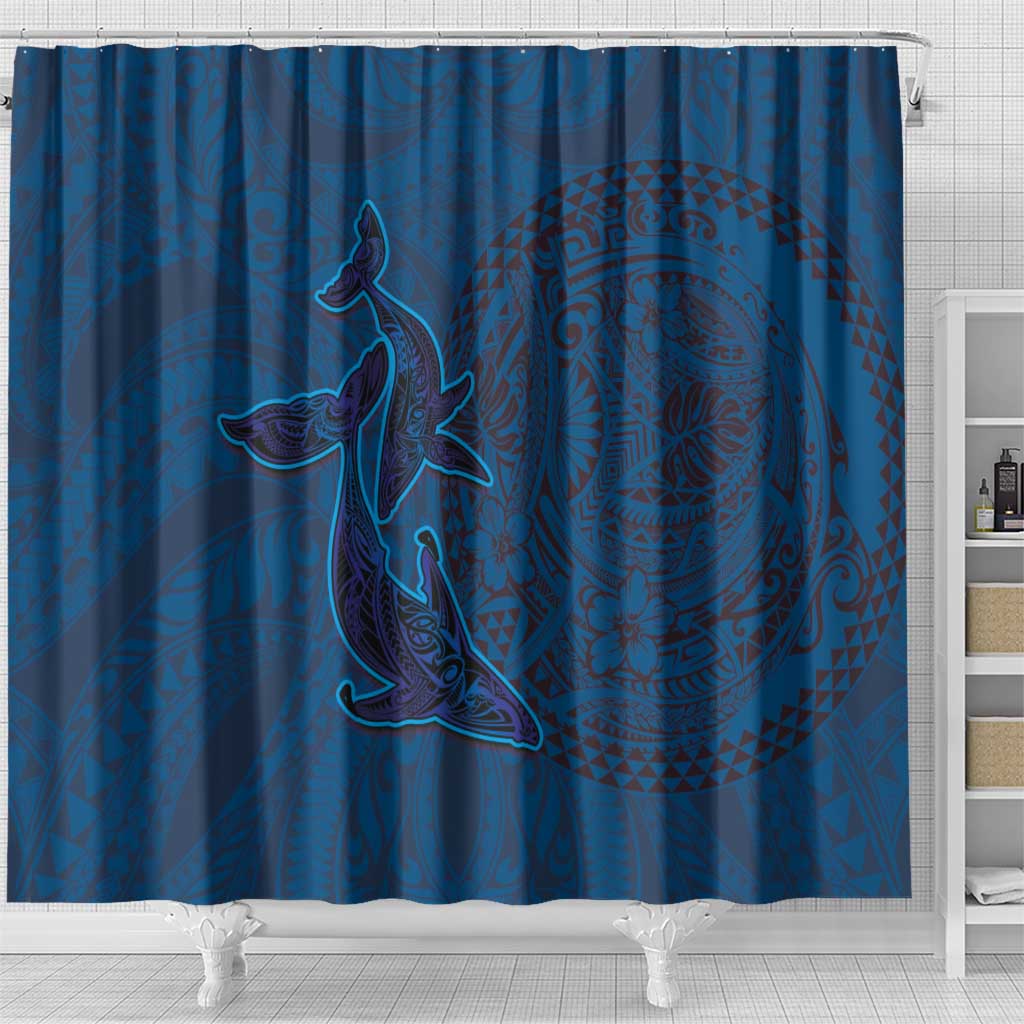 Hawaiian Whales Polynesian Art Motifs Shower Curtain Blue Color - Polynesian Pride