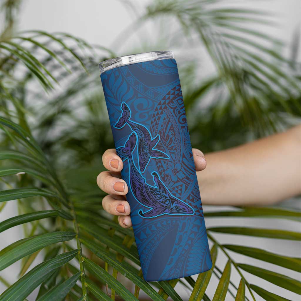 Hawaiian Whales Polynesian Art Motifs Skinny Tumbler Blue Color - Polynesian Pride