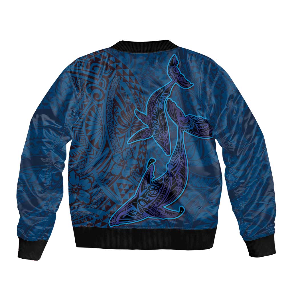 Hawaiian Whales Polynesian Art Motifs Sleeve Zip Bomber Jacket Blue Color - Polynesian Pride