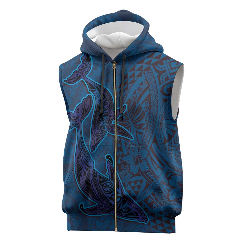 Hawaiian Whales Polynesian Art Motifs Sleeveless Zip Hoodie Blue Color - Polynesian Pride