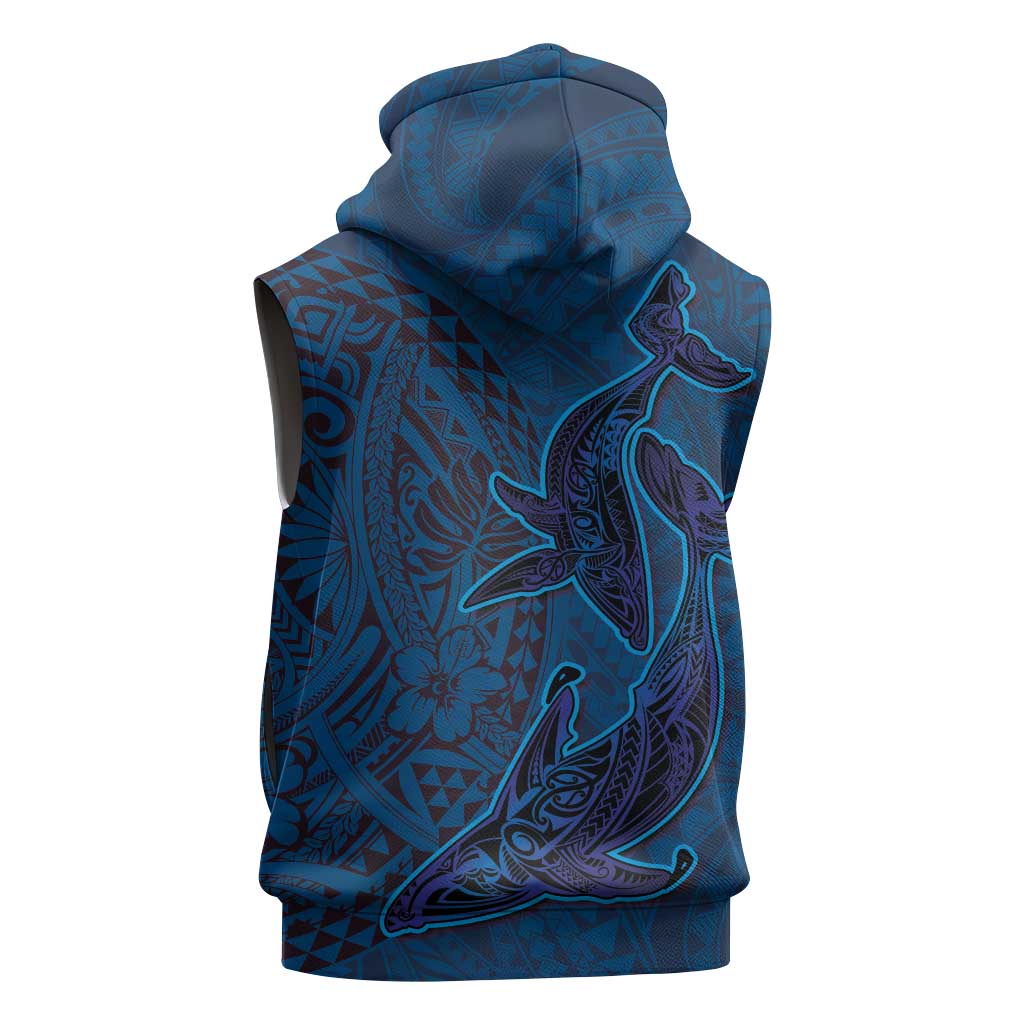 Hawaiian Whales Polynesian Art Motifs Sleeveless Zip Hoodie Blue Color - Polynesian Pride