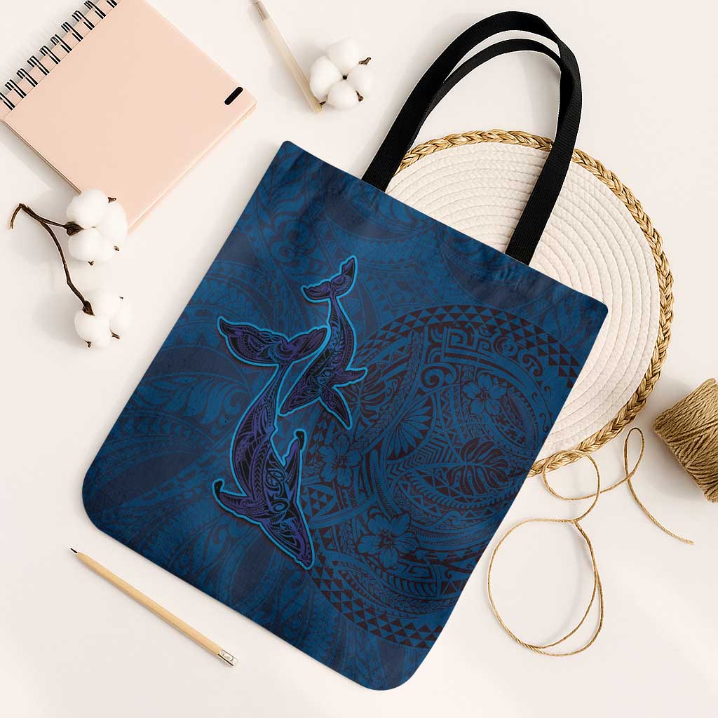Hawaiian Whales Polynesian Art Motifs Tote Bag Blue Color LT03 Black Strap One Size Blue - Polynesian Pride