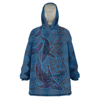 Hawaiian Whales Polynesian Art Motifs Wearable Blanket Hoodie Blue Color - Polynesian Pride
