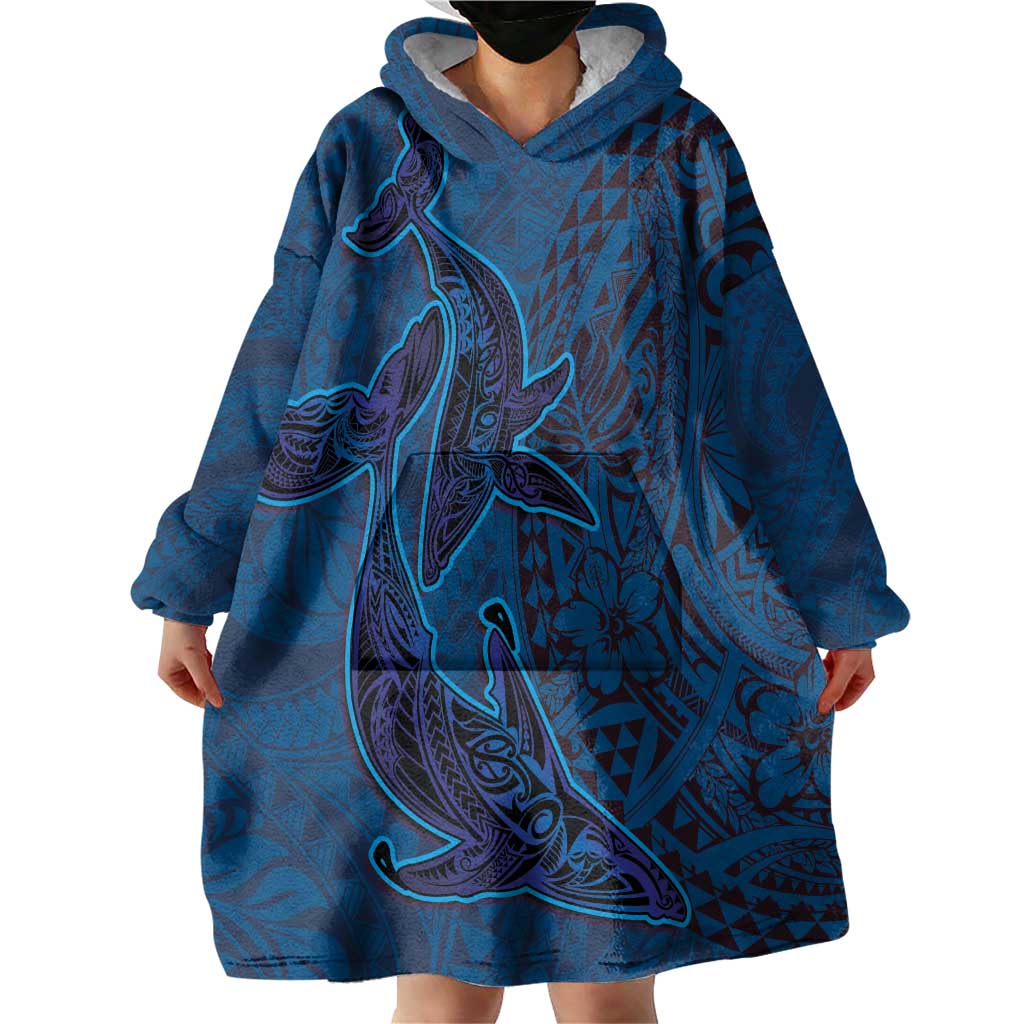 Hawaiian Whales Polynesian Art Motifs Wearable Blanket Hoodie Blue Color - Polynesian Pride