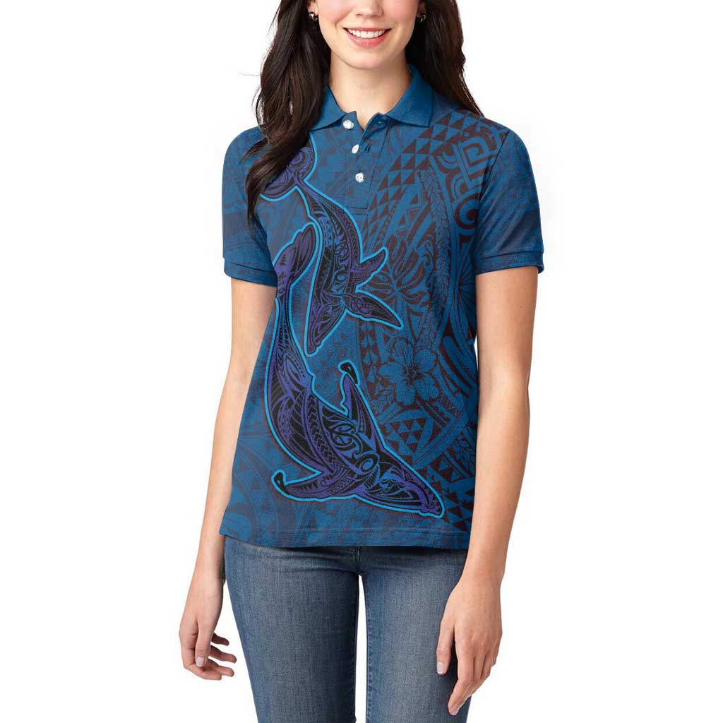 Hawaiian Whales Polynesian Art Motifs Women Polo Shirt Blue Color - Polynesian Pride