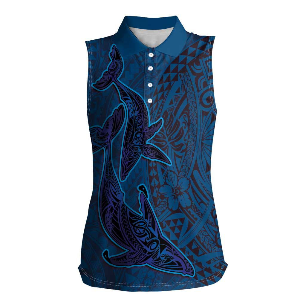 Hawaiian Whales Polynesian Art Motifs Women Sleeveless Polo Shirt Blue Color - Polynesian Pride