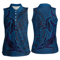 Hawaiian Whales Polynesian Art Motifs Women Sleeveless Polo Shirt Blue Color - Polynesian Pride