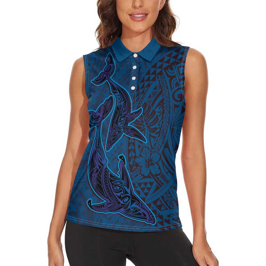 Hawaiian Whales Polynesian Art Motifs Women Sleeveless Polo Shirt Blue Color - Polynesian Pride