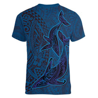 Hawaiian Whales Polynesian Art Motifs Women V-Neck T-Shirt Blue Color - Polynesian Pride