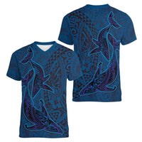 Hawaiian Whales Polynesian Art Motifs Women V-Neck T-Shirt Blue Color - Polynesian Pride