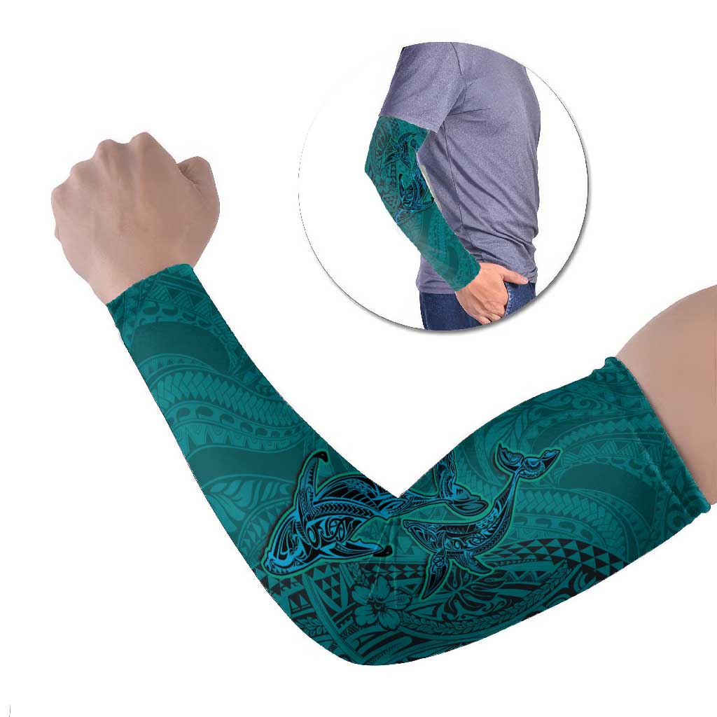 Hawaiian Whales Polynesian Art Motifs Arm Sleeves Turquoise Color LT03 Set of 2 Turquoise - Polynesian Pride