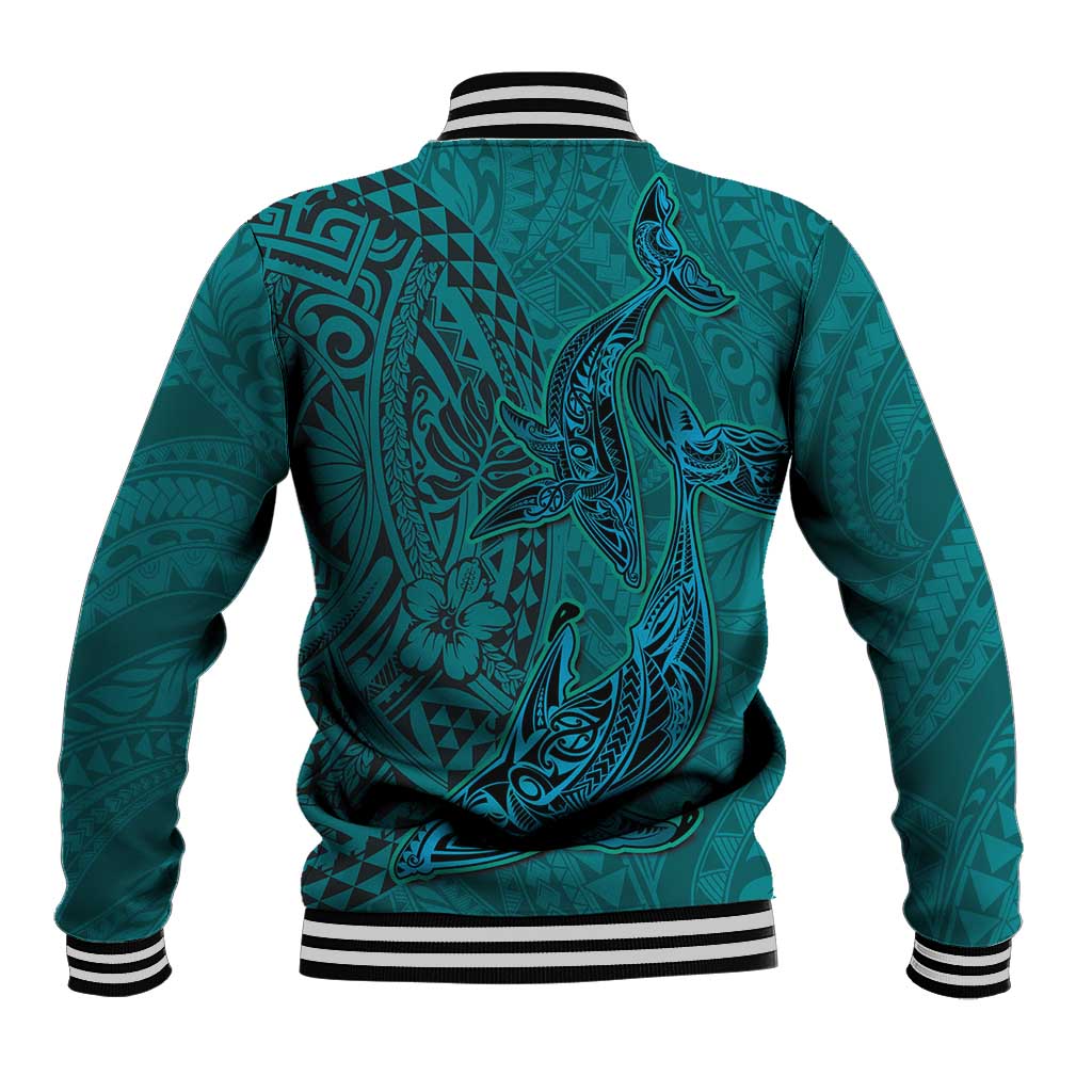 Hawaiian Whales Polynesian Art Motifs Baseball Jacket Turquoise Color - Polynesian Pride