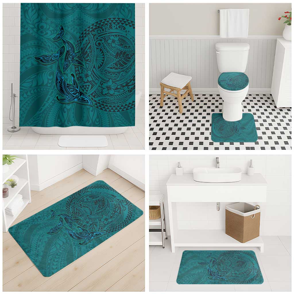 Hawaiian Whales Polynesian Art Motifs Bathroom Set Turquoise Color - Polynesian Pride