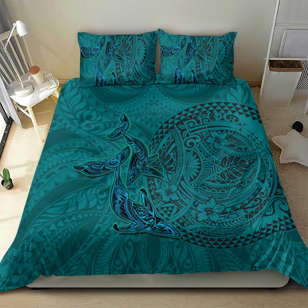 Hawaiian Whales Polynesian Art Motifs Bedding Set Turquoise Color - Polynesian Pride