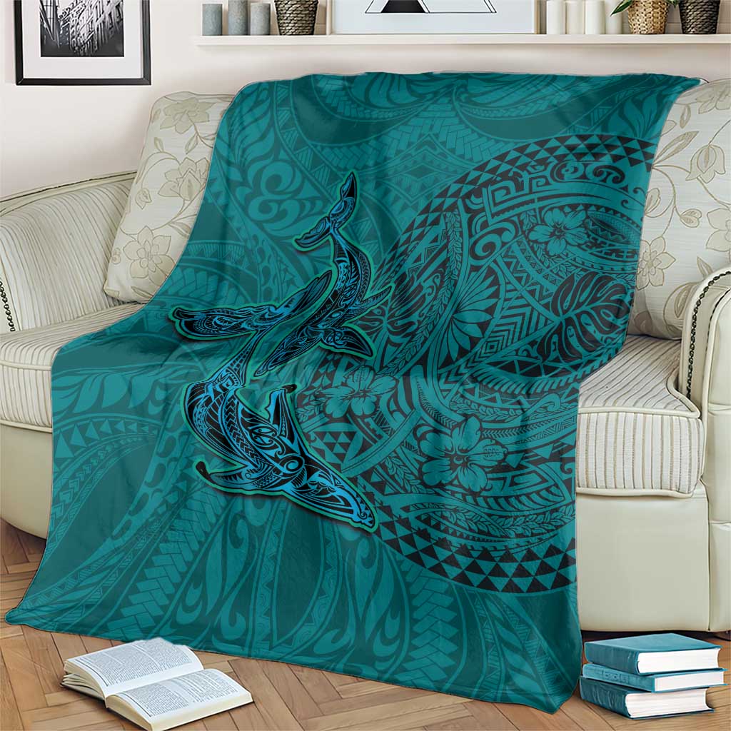 Hawaiian Whales Polynesian Art Motifs Blanket Turquoise Color - Polynesian Pride