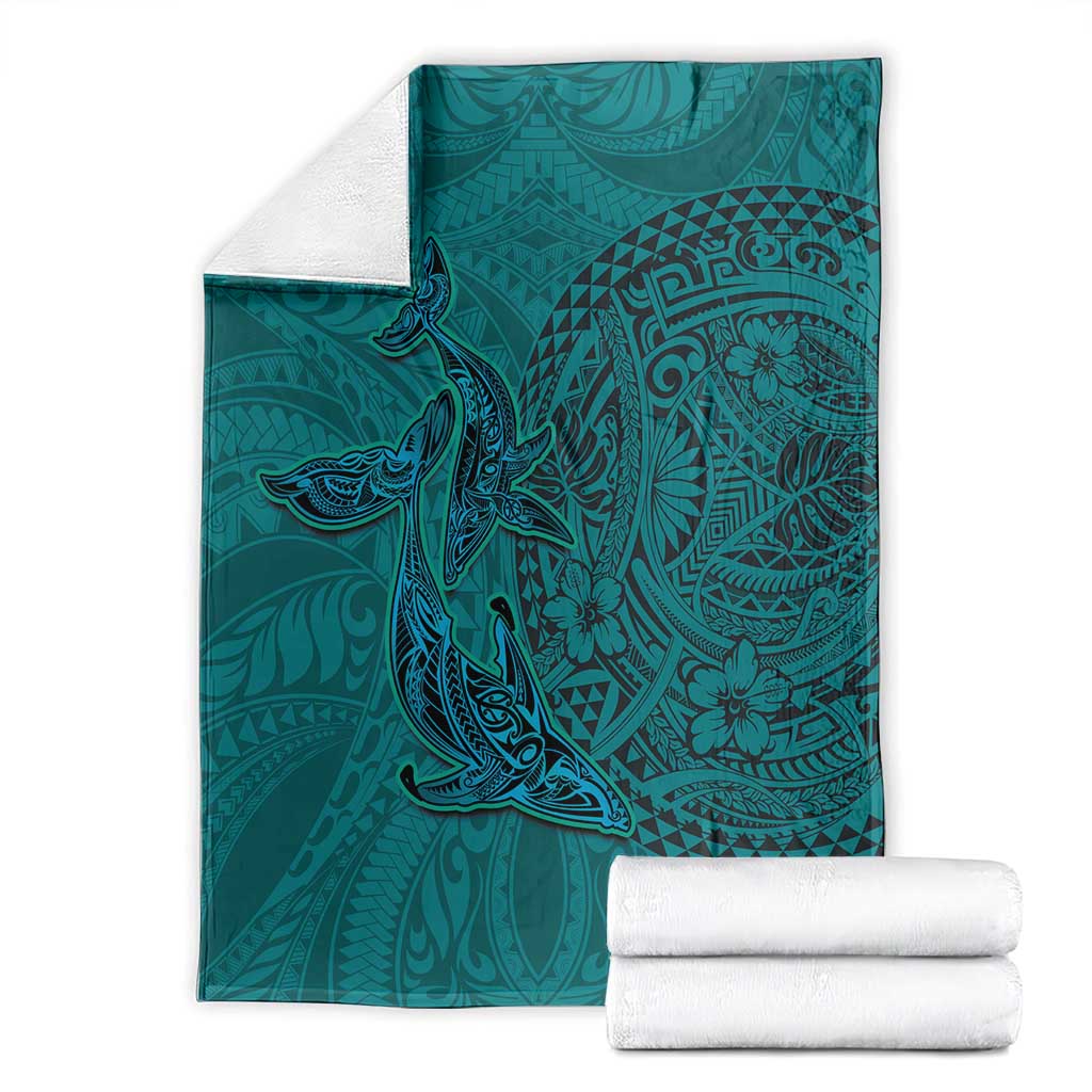 Hawaiian Whales Polynesian Art Motifs Blanket Turquoise Color - Polynesian Pride