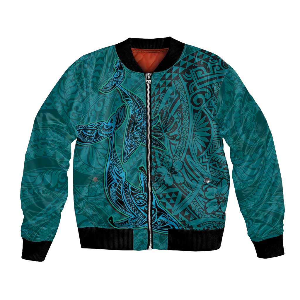 Hawaiian Whales Polynesian Art Motifs Bomber Jacket Turquoise Color - Polynesian Pride