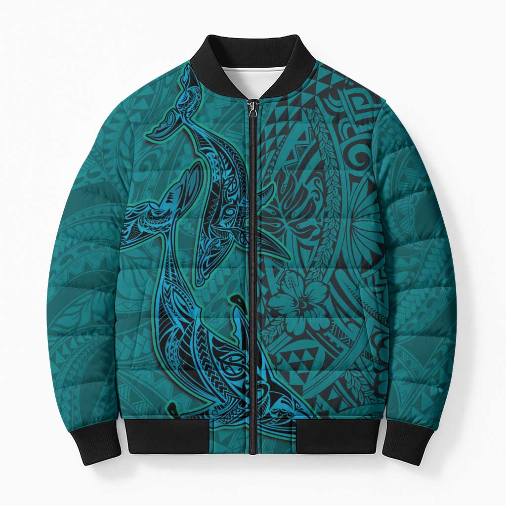 Hawaiian Whales Polynesian Art Motifs Bomber Puffer Jacket Turquoise Color - Polynesian Pride