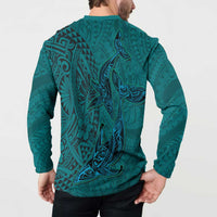Hawaiian Whales Polynesian Art Motifs Button Sweatshirt Turquoise Color - Polynesian Pride