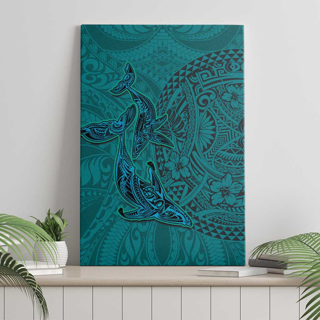 Hawaiian Whales Polynesian Art Motifs Canvas Wall Art Turquoise Color - Polynesian Pride