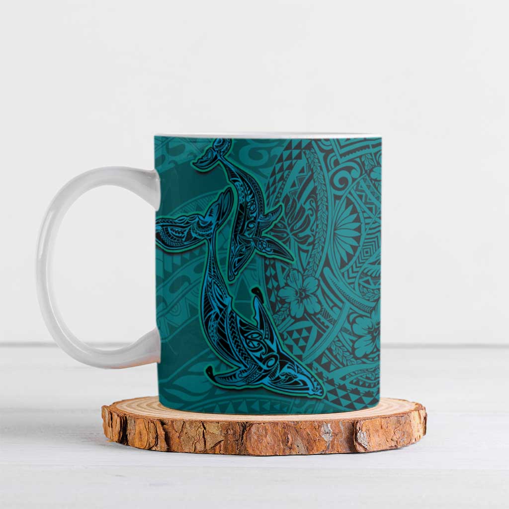 Hawaiian Whales Polynesian Art Motifs Ceramic Mug Turquoise Color - Polynesian Pride
