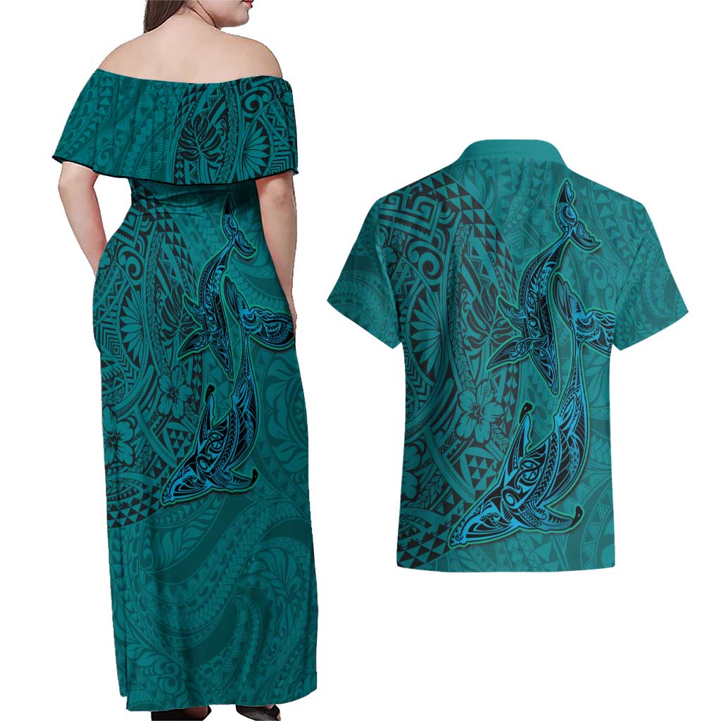 Hawaiian Whales Polynesian Art Motifs Couples Matching Off Shoulder Maxi Dress and Hawaiian Shirt Turquoise Color - Polynesian Pride