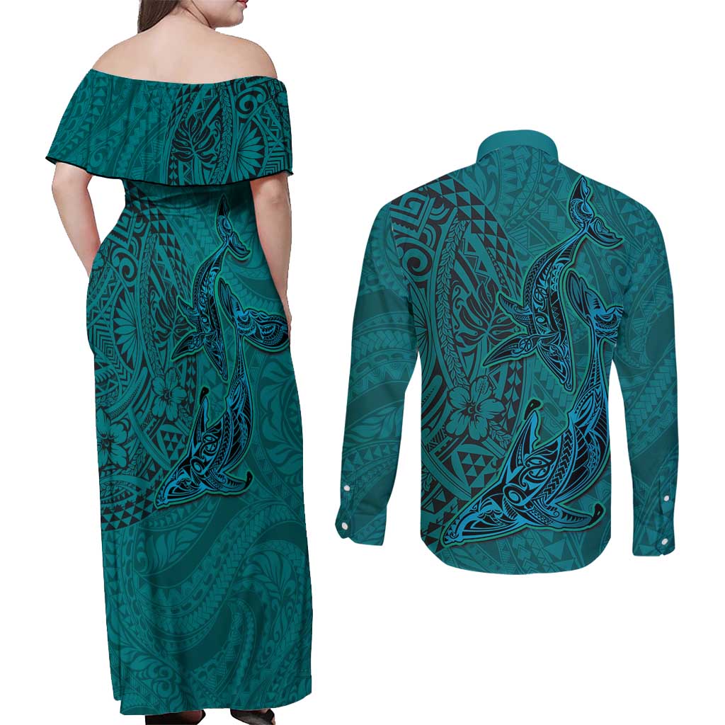 Hawaiian Whales Polynesian Art Motifs Couples Matching Off Shoulder Maxi Dress and Long Sleeve Button Shirt Turquoise Color - Polynesian Pride