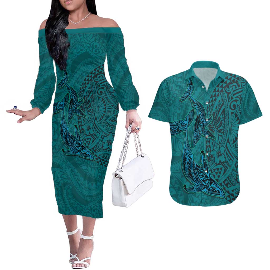 Hawaiian Whales Polynesian Art Motifs Couples Matching Off The Shoulder Long Sleeve Dress and Hawaiian Shirt Turquoise Color - Polynesian Pride