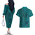 Hawaiian Whales Polynesian Art Motifs Couples Matching Off The Shoulder Long Sleeve Dress and Hawaiian Shirt Turquoise Color - Polynesian Pride