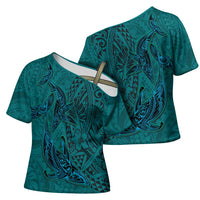 Hawaiian Whales Polynesian Art Motifs Cross Shoulder Shirt Turquoise Color - Polynesian Pride
