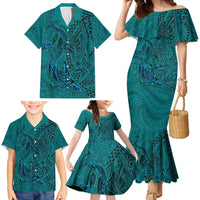 Hawaiian Whales Polynesian Art Motifs Family Matching Mermaid Dress and Hawaiian Shirt Turquoise Color - Polynesian Pride