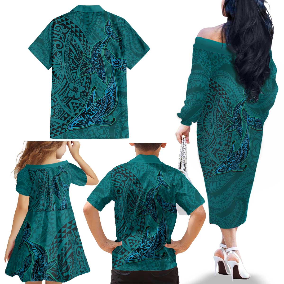 Hawaiian Whales Polynesian Art Motifs Family Matching Off The Shoulder Long Sleeve Dress and Hawaiian Shirt Turquoise Color - Polynesian Pride