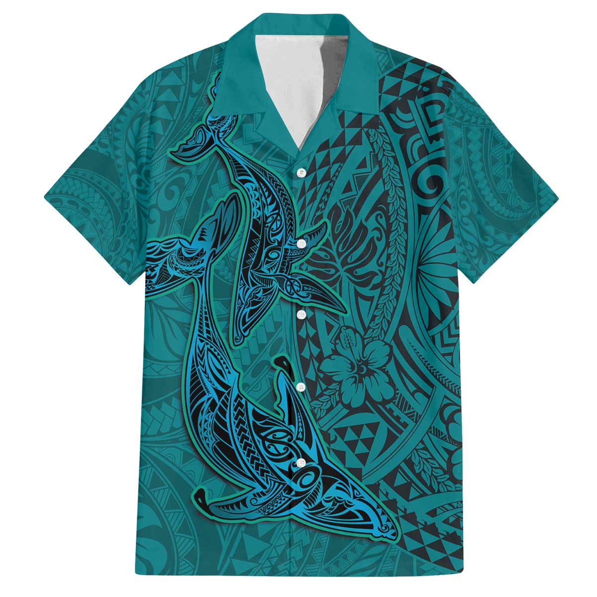 Hawaiian Whales Polynesian Art Motifs Family Matching Off The Shoulder Long Sleeve Dress and Hawaiian Shirt Turquoise Color - Polynesian Pride