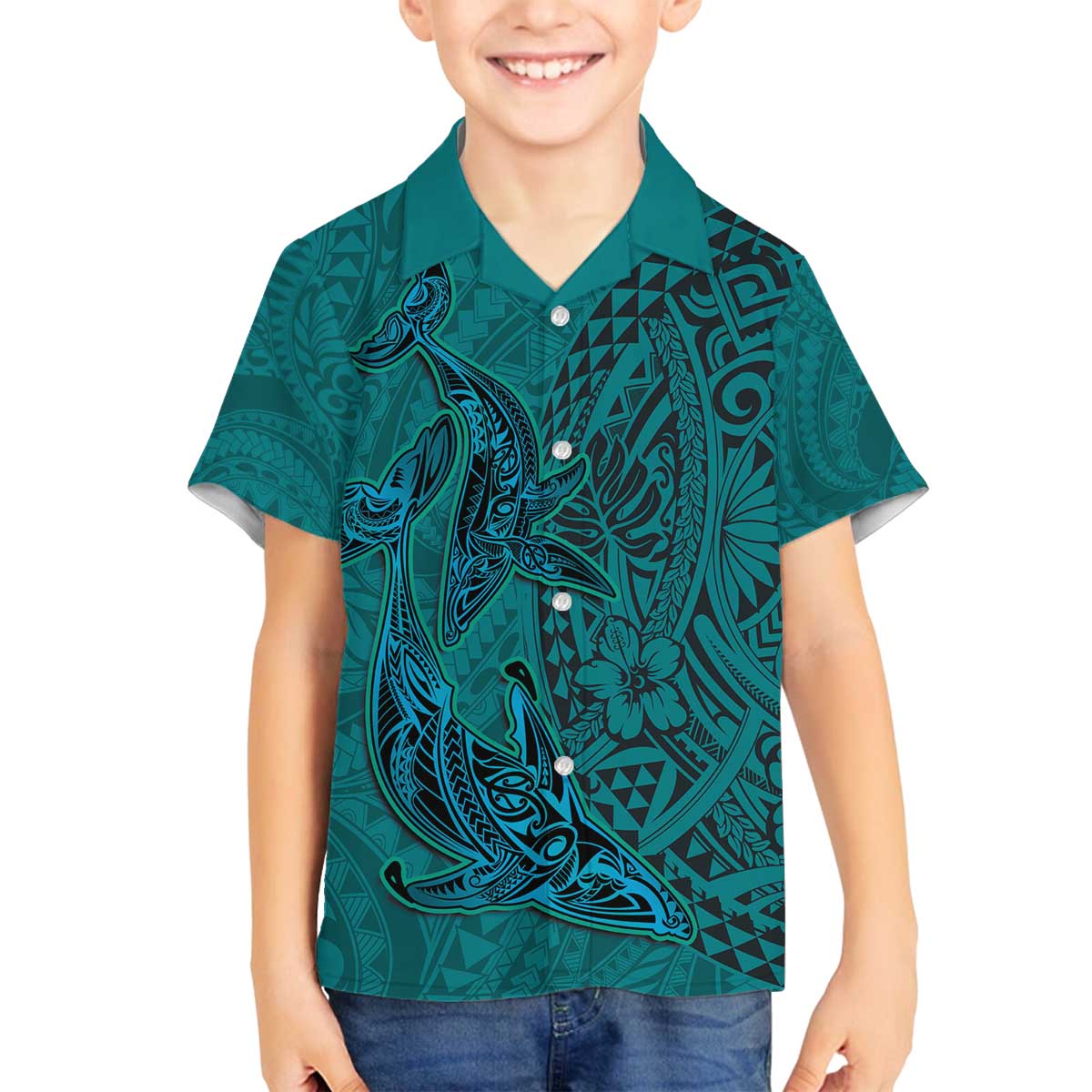 Hawaiian Whales Polynesian Art Motifs Family Matching Off The Shoulder Long Sleeve Dress and Hawaiian Shirt Turquoise Color - Polynesian Pride