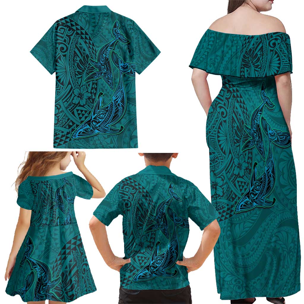 Hawaiian Whales Polynesian Art Motifs Family Matching Off Shoulder Maxi Dress and Hawaiian Shirt Turquoise Color - Polynesian Pride